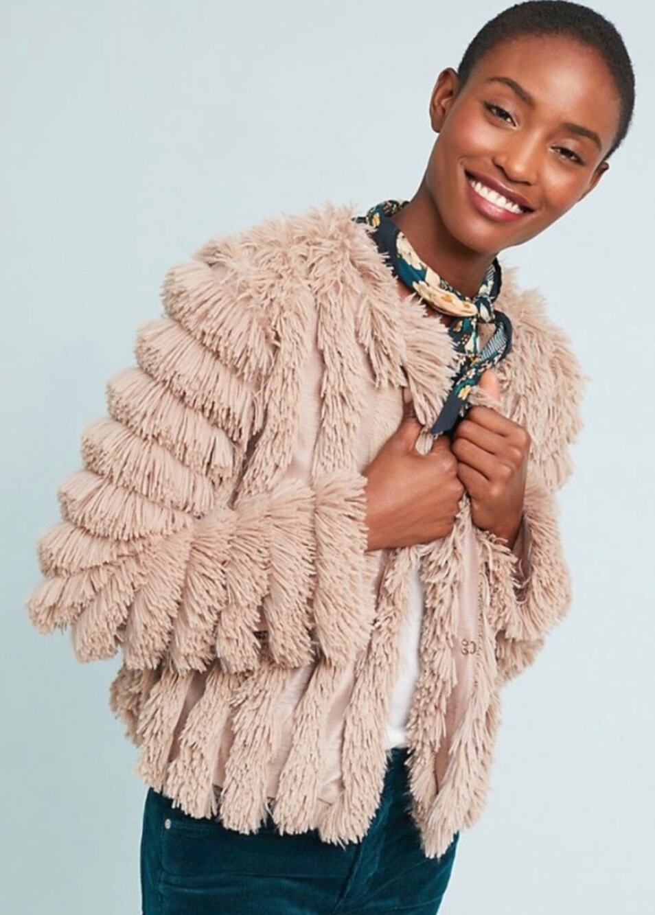 Anthropologie Greylin Fringe Faux Fur Jacket Open Front Small